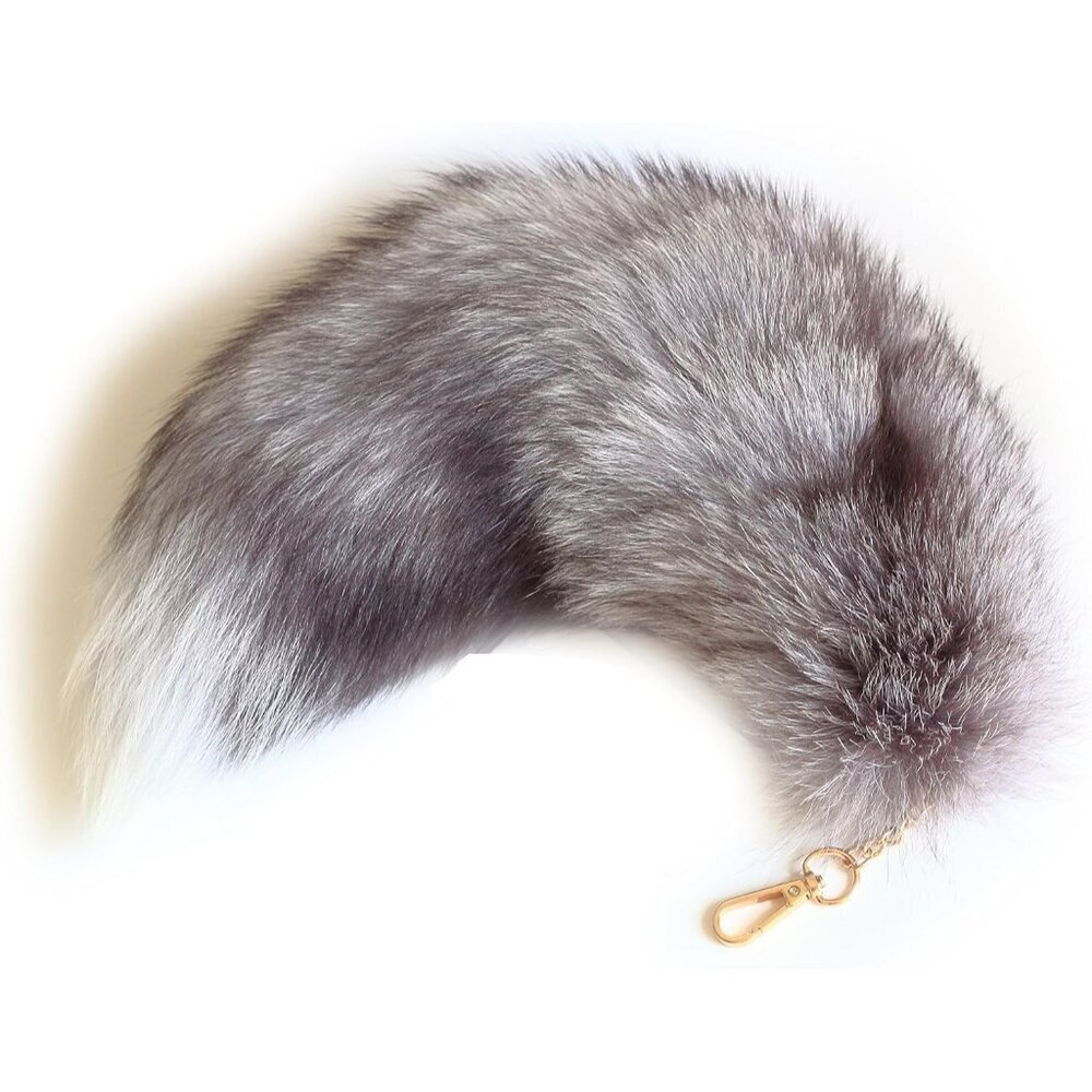 ⚡Sky Grey Real Fox Tail Fur Keychain Clasp Fashion Charm Cosplay Toy Real Fox